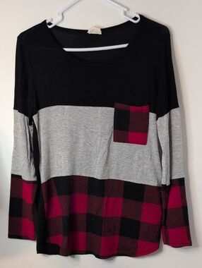 BiBi Black Red Plaid Top with Pink Star Logo